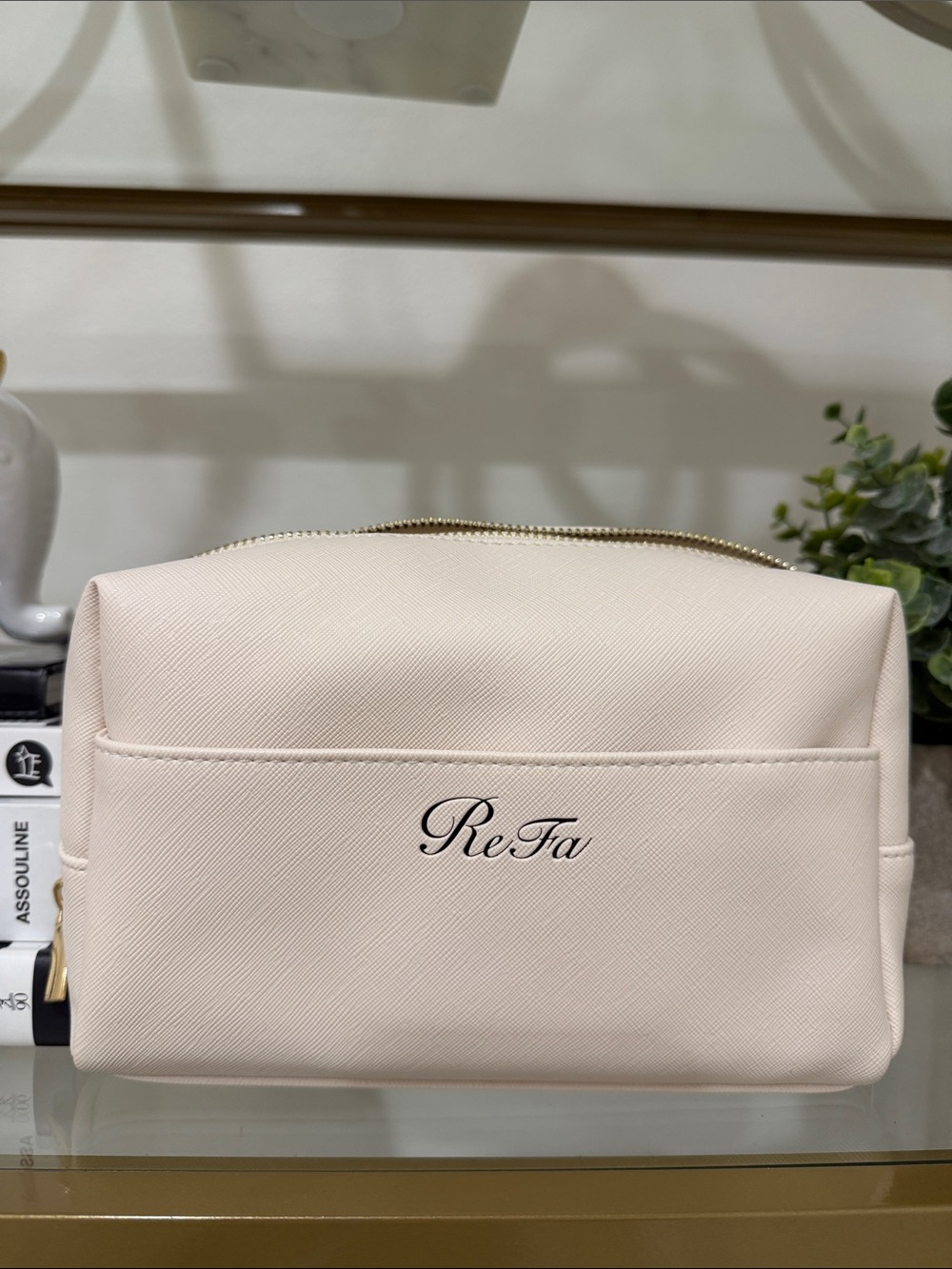 Cream Textured Leather Cosmetic Pouch